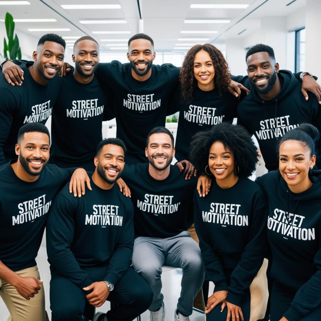 VARIOUS AFRO AMERICAN WOMEN AND MEN WEARING BLACK _STREET MOTIVATION_ T-SHIRTS, SWEAT SHIRTS, HOODIES SMILING IN A OFFICE SETTING